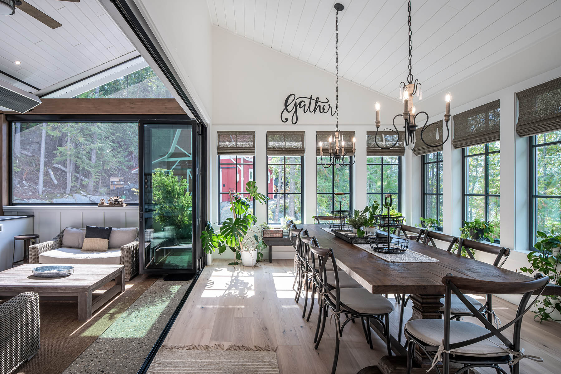 Spacious and serene dining area with natural light, blending modern design and rustic charm.